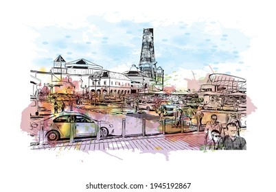Building view with landmark of Doha is the 
capital of Qatar. Watercolour splash with hand drawn sketch illustration in vector.