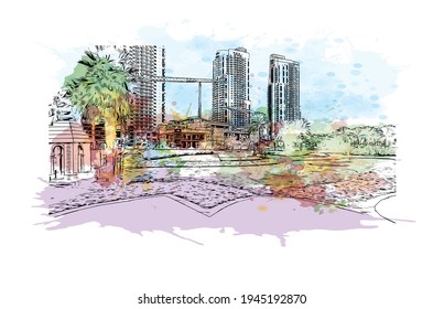 Construir una visión con un hito en Doha es el 
capital de Qatar. Salto de color de agua con ilustración de esbozo dibujada a mano en vector.