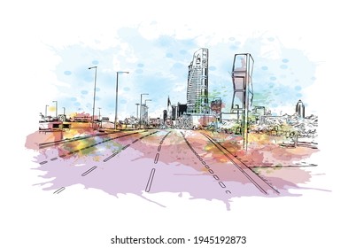 Building view with landmark of Doha is the 
capital of Qatar. Watercolour splash with hand drawn sketch illustration in vector.