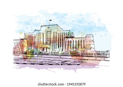 Building view with landmark of Doha is the 
capital of Qatar. Watercolour splash with hand drawn sketch illustration in vector.