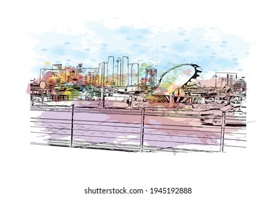 Construir una visión con un hito en Doha es el 
capital de Qatar. Salto de color de agua con ilustración de esbozo dibujada a mano en vector.