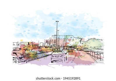 Construir una visión con un hito en Doha es el 
capital de Qatar. Salto de color de agua con ilustración de esbozo dibujada a mano en vector.