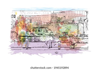 Construir una visión con un hito en Doha es el 
capital de Qatar. Salto de color de agua con ilustración de esbozo dibujada a mano en vector.