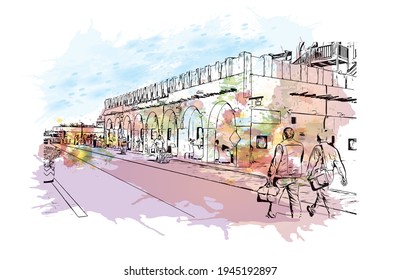 Construir una visión con un hito en Doha es el 
capital de Qatar. Salto de color de agua con ilustración de esbozo dibujada a mano en vector.