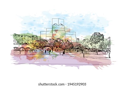 Building view with landmark of Doha is the 
capital of Qatar. Watercolour splash with hand drawn sketch illustration in vector.
