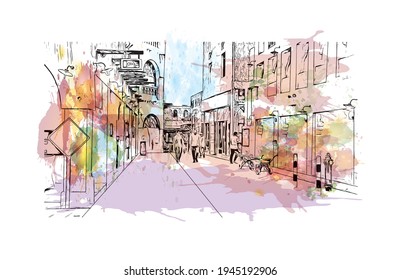 Der Blick auf den Bau von Doha ist ein Meilenstein 
Hauptstadt Katars. Aquarellspritzer mit handgezeichneter Skizzengrafik in Vektorgrafik.