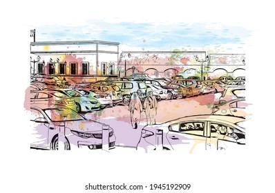 Construir una visión con un hito en Doha es el 
capital de Qatar. Salto de color de agua con ilustración de esbozo dibujada a mano en vector.
