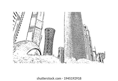 Building view with landmark of Doha is the 
capital of Qatar. Hand drawn sketch illustration in vector.
