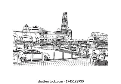Construir una visión con un hito en Doha es el 
capital de Qatar. Dibujo a mano de ilustración de esbozo en vector.