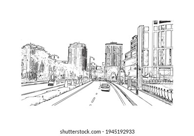 Building view with landmark of Doha is the 
capital of Qatar. Hand drawn sketch illustration in vector.