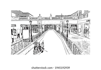 Building view with landmark of Doha is the 
capital of Qatar. Hand drawn sketch illustration in vector.