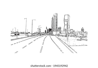 Construir una visión con un hito en Doha es el 
capital de Qatar. Dibujo a mano de ilustración de esbozo en vector.