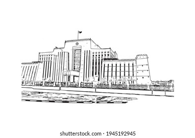 Building view with landmark of Doha is the 
capital of Qatar. Hand drawn sketch illustration in vector.