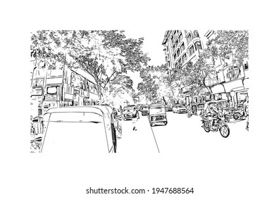 Building view with landmark of Dombivli is the 
city in India. Hand drawn sketch illustration in vector.