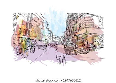 Building view with landmark of Dombivli is the 
city in India. Watercolor splash with hand drawn sketch illustration in vector.