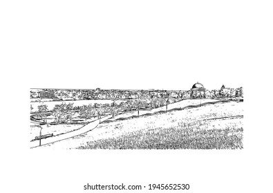 Building view with landmark of Donetsk is the 
city in Ukraine. Hand drawn sketch illustration in vector.