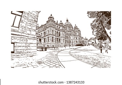 Building view with landmark of Downtown Victoria, BC, Canada. hand drawn sketch illustration in vector. 
