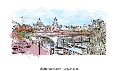 Building view with landmark of Downtown Victoria, BC, Canada. Watercolor splash with hand drawn sketch illustration in vector. 
