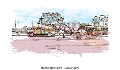 Building view with landmark of Downtown Victoria, BC, Canada. Watercolor splash with hand drawn sketch illustration in vector. 
