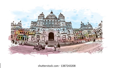 Building view with landmark of Downtown Victoria, BC, Canada. Watercolor splash with hand drawn sketch illustration in vector. 
