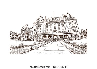 Building view with landmark of Downtown Victoria, BC, Canada. hand drawn sketch illustration in vector. 
