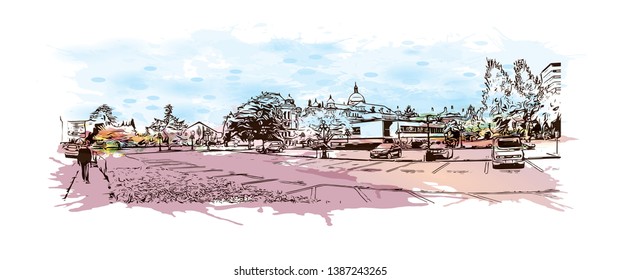Building view with landmark of Downtown Victoria, BC, Canada. Watercolor splash with hand drawn sketch illustration in vector. 
