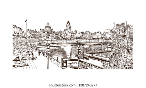 Building view with landmark of Downtown Victoria, BC, Canada. hand drawn sketch illustration in vector. 
