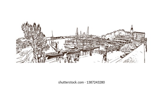 Building view with landmark of Downtown Victoria, BC, Canada. hand drawn sketch illustration in vector. 
