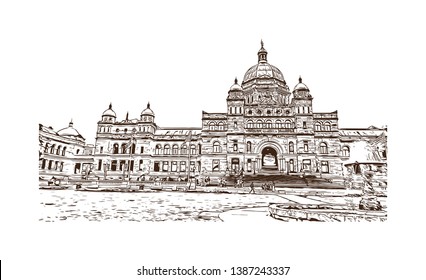 Building view with landmark of Downtown Victoria, BC, Canada. hand drawn sketch illustration in vector. 
