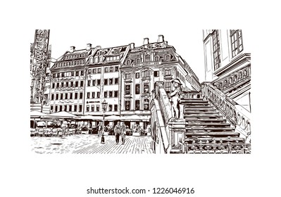 Building view with landmark of Dresden, capital of the eastern German state of Saxony. Hand drawn sketch illustration in vector.
