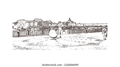Building view with landmark of Dresden, capital of the eastern German state of Saxony. Hand drawn sketch illustration in vector.