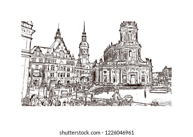 Building view with landmark of Dresden, capital of the eastern German state of Saxony. Hand drawn sketch illustration in vector.