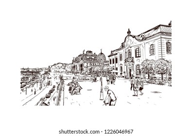 Building view with landmark of Dresden, capital of the eastern German state of Saxony. Hand drawn sketch illustration in vector.