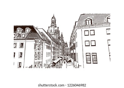 Building view with landmark of Dresden, capital of the eastern German state of Saxony. Hand drawn sketch illustration in vector.