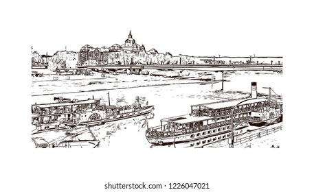 Building view with landmark of Dresden, capital of the eastern German state of Saxony. Hand drawn sketch illustration in vector.