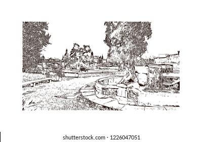 Building view with landmark of Dresden, capital of the eastern German state of Saxony. Hand drawn sketch illustration in vector.
