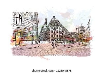 Building view with landmark of Dresden, capital of the eastern German state of Saxony. Watercolor splash with Hand drawn sketch illustration in vector.