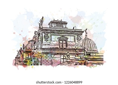 Building view with landmark of Dresden, capital of the eastern German state of Saxony. Watercolor splash with Hand drawn sketch illustration in vector.