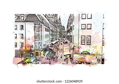 Building view with landmark of Dresden, capital of the eastern German state of Saxony. Watercolor splash with Hand drawn sketch illustration in vector.