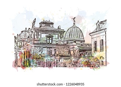 Building view with landmark of Dresden, capital of the eastern German state of Saxony. Watercolor splash with Hand drawn sketch illustration in vector.