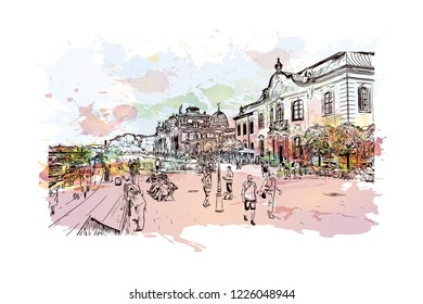 Building view with landmark of Dresden, capital of the eastern German state of Saxony. Watercolor splash with Hand drawn sketch illustration in vector.