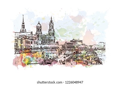 Building view with landmark of Dresden, capital of the eastern German state of Saxony. Watercolor splash with Hand drawn sketch illustration in vector.