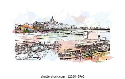 Building view with landmark of Dresden, capital of the eastern German state of Saxony. Watercolor splash with Hand drawn sketch illustration in vector.