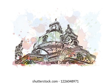 Building view with landmark of Dresden, capital of the eastern German state of Saxony. Watercolor splash with Hand drawn sketch illustration in vector.