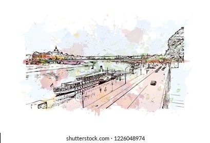 Building view with landmark of Dresden, capital of the eastern German state of Saxony. Watercolor splash with Hand drawn sketch illustration in vector.