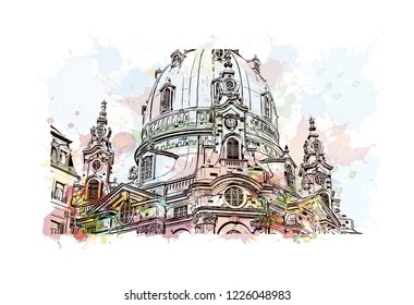 Building view with landmark of Dresden, capital of the eastern German state of Saxony. Watercolor splash with Hand drawn sketch illustration in vector.