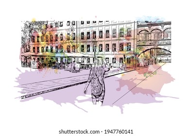 Building view with landmark of Dresden is the 
city in Germany. Watercolour splash with hand drawn sketch illustration in vector.