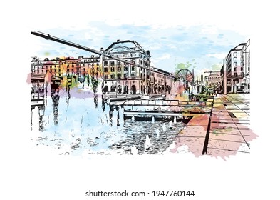Building view with landmark of Dresden is the 
city in Germany. Watercolour splash with hand drawn sketch illustration in vector.