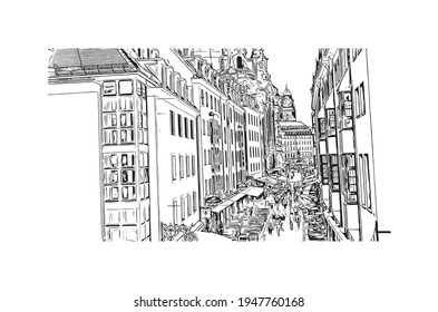 Building view with landmark of Dresden is the 
city in Germany. Hand drawn sketch illustration in vector.