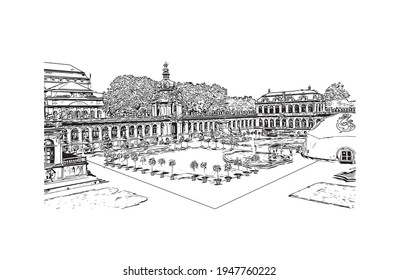 Building view with landmark of Dresden is the 
city in Germany. Hand drawn sketch illustration in vector.